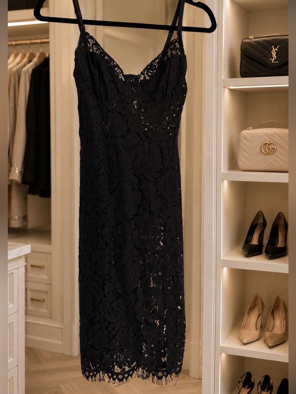 Fashion Nova Black Floral Lace Midi Dress | Bodycon Spaghetti Strap | S